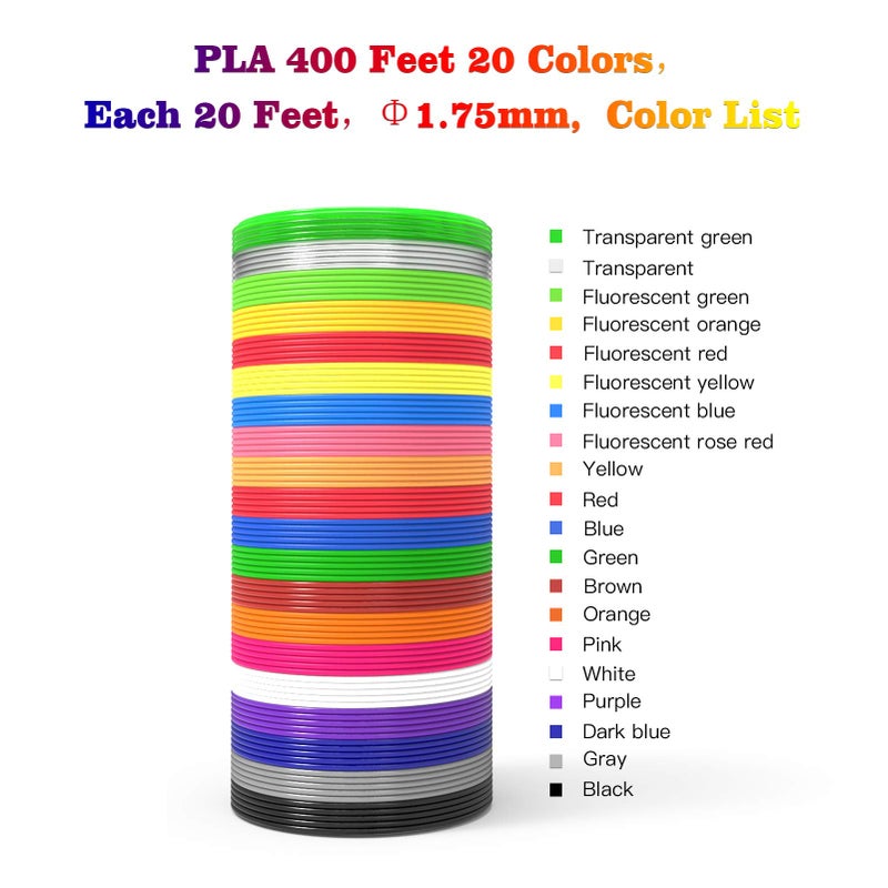 dikale 3D Pen Filament 400 Feet 20 Colors, dikale 3D Printing Pen Refills PLA Bonus 250 Stencil eBook, 3D Printer Pen Filament 1.75mm Smooth Printing - Image 2